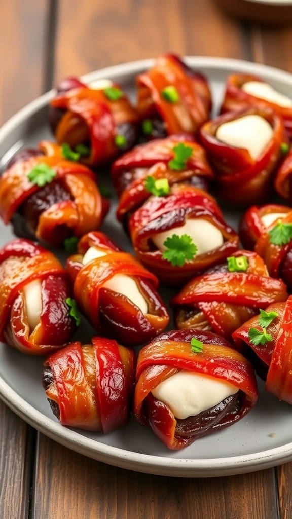 Air Fryer Bacon-Wrapped Dates Recipe A plate of crispy bacon-wrapped dates stuffed with cheese, garnished with herbs.